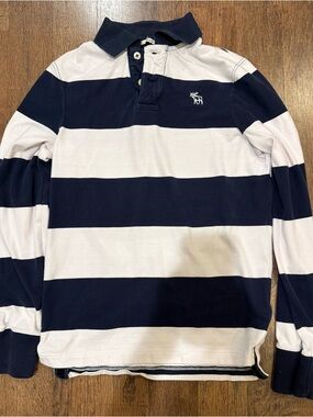 Abercrombie & Fitch Navy and White Striped Polo Shirt rugby small Y2K